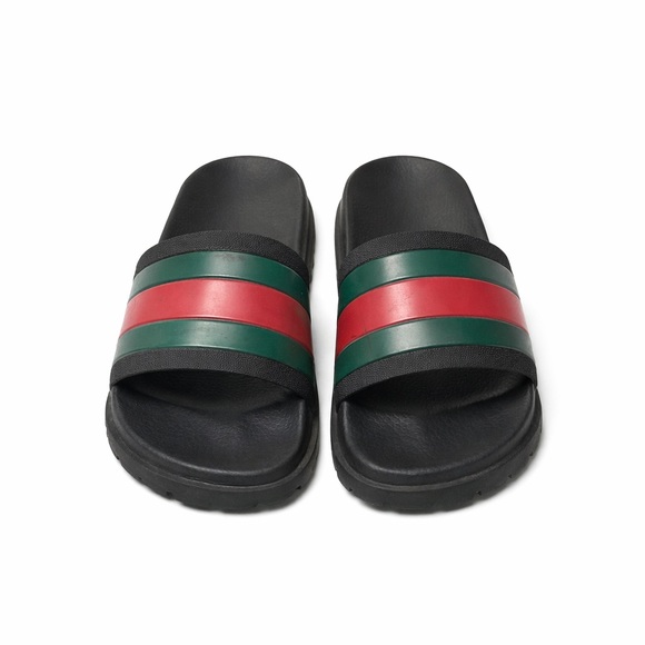 Gucci Web Slide Sandal Black Rubber Green Red Stripe Mens 6